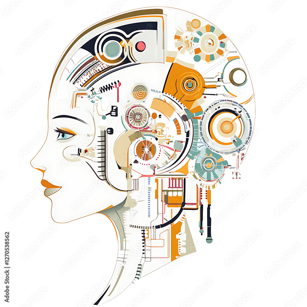 Poster abstract feminine android machine head design with intricate internal mechanisms and complex compone