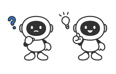 疑問･ひらめきのポーズをするAIロボットのセット【ベクターイラスト素材】