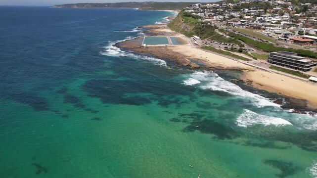 Merewether Ocean Baths With Merewether Beach In New South Wales, Australia - Aerial Shot