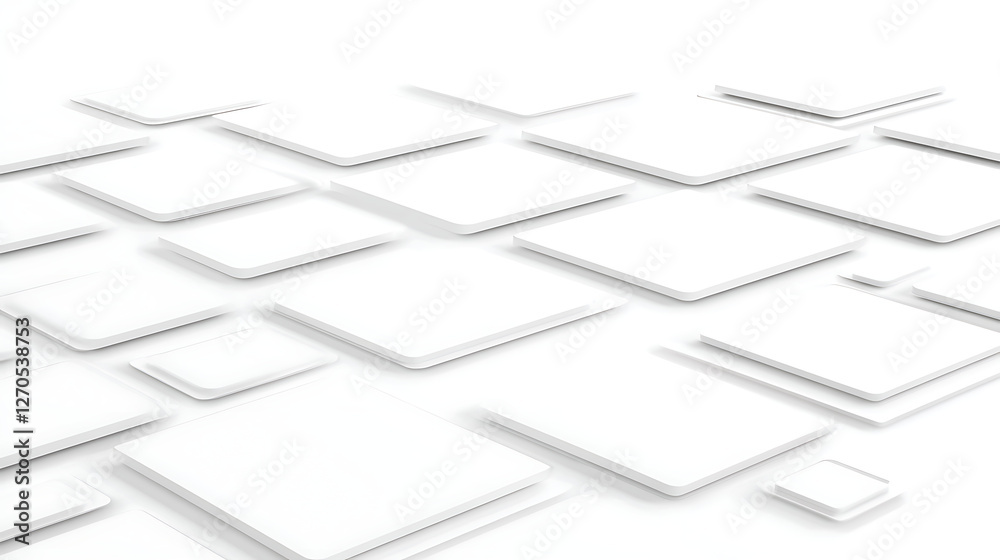 Poster abstract floating white tiles in isometric view on a bright clean background with soft shadows