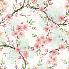 Seamless pattern, patern, watercolor, watercolor botanical pattern with sakura on white background, botanical style