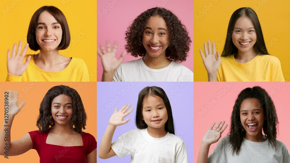 Poster a collection of cheerful individuals from diverse backgrounds waving and smiling warmly. their brigh