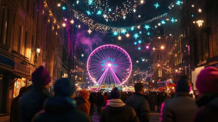 Lively carnival in a city square with colorful lights and a Ferris wheel in the background