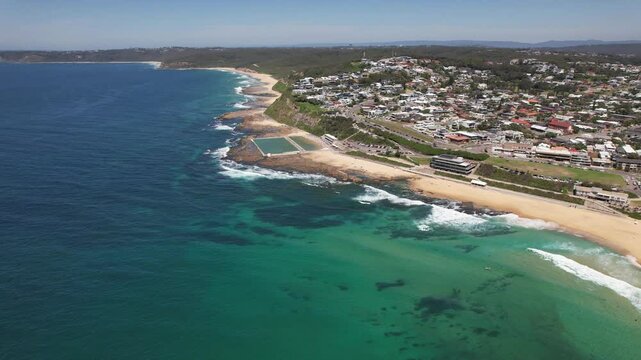 Aerial View Of Merewether Beach And Ocean Baths In NSW, Australia - Drone Shot