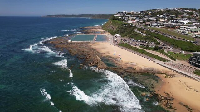 Ocean Waves At Merewether Beach In New South Wales, Australia - Drone Shot