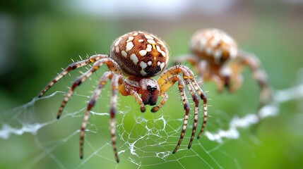 Two spiders on web, garden background, nature close-up