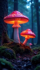 Fototapeta premium Giant luminous mushrooms cast eerie glow on ancient trees, trees, moss