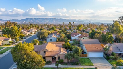 Obraz premium California Neighborhood At Sunset. Typical Suburban Houses, Trees, And The Outline Of Mountains.