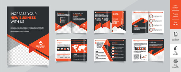 Company profile design, 12 page corporate brochure editable template layout, corporate brochure design red black color concept