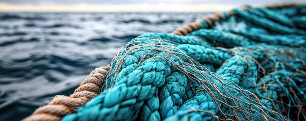 Plastic pollution idea. Close-up of a vibrant, textured rope against a serene ocean backdrop.