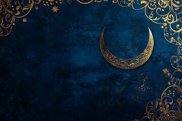 Rich Dark Blue Background with a Soft Glowing Crescent Moon for Ramadan Ambiance.