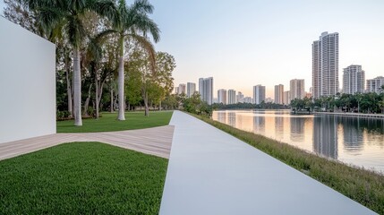 Obraz premium Modern park walkway beside water, city skyline