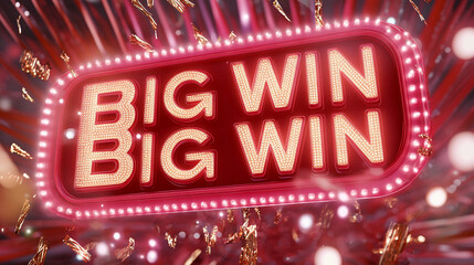 Bright dazzling big win sign with falling gold confetti celebration