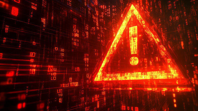 Digital threat alert triangle with binary code intrusion detected