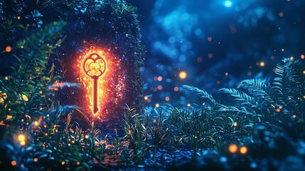 Enchanted glowing key in a mystical forest setting at nighttime