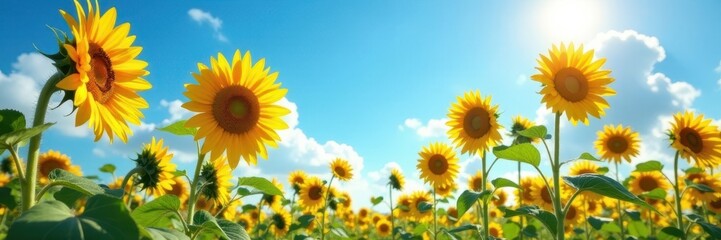 Obraz premium Tall sunflowers stretch towards a cloudless azure sky, warm sunlight illuminating petals , golden, vibrant