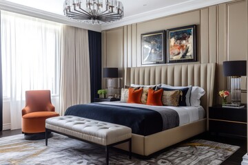 An Art Deco bedroom featuring bold colors, geometric shapes, and luxurious materials. Use opulent furniture with clean lines, rich fabrics, and metallic accents. Incorporate mirrored surfaces