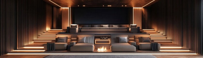 Modern mansion with an exclusive private cinema, high-end furniture, and intelligent lighting system, luxury entertainment space