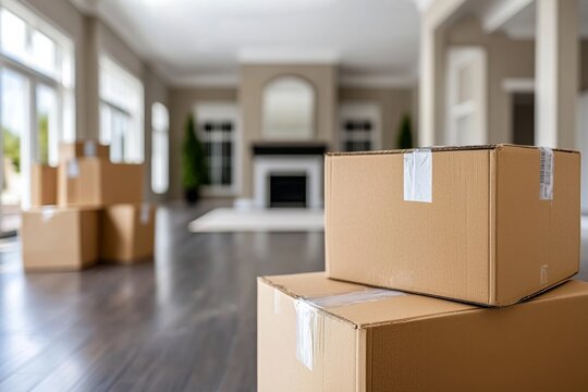 Moving boxes stacked in a spacious living room with modern decor and natural light streaming through large windows