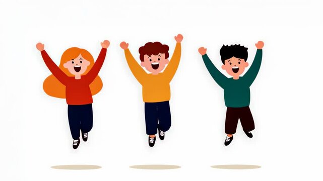 Three cheerful cartoon children jumping with raised arms on a white background. Minimalist flat illustration with empty space for text.
