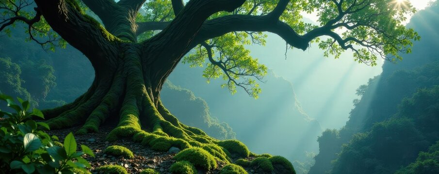 Ancient, gnarled trees, luminous moss, swirling mist, glow, fog