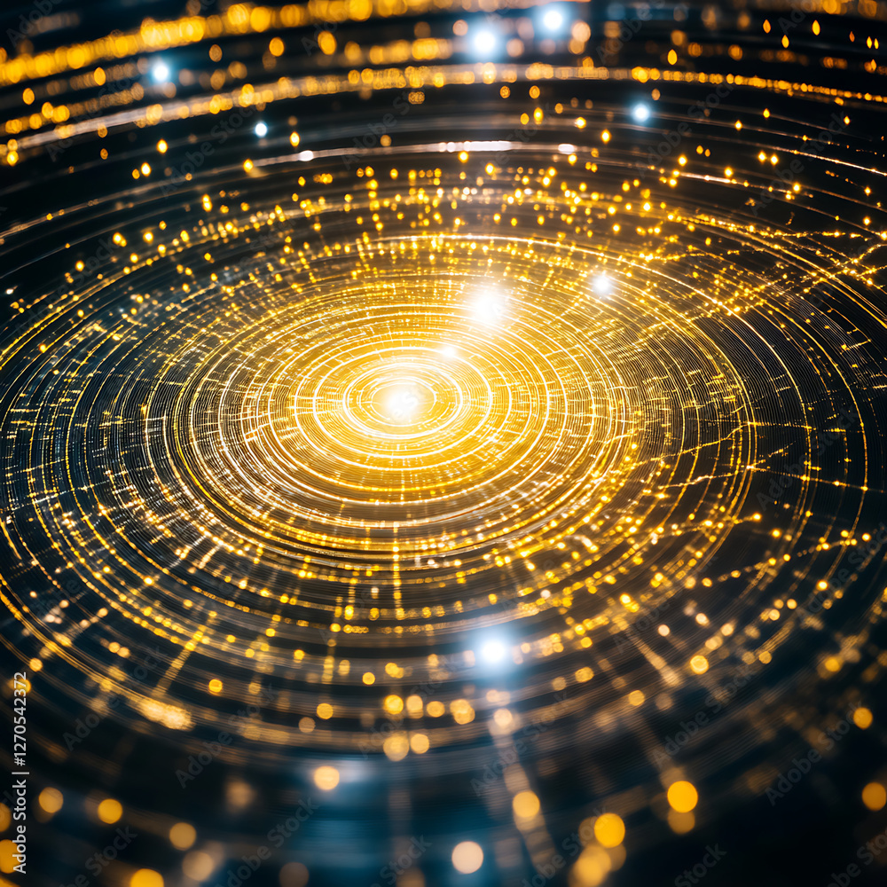 Poster abstract golden concentric circles network of interconnected data nodes in a digital vortex view