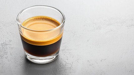 Coffee served in a clear glass on a smooth, gray surface showcasing its rich layers and frothy crema