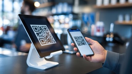 Customer scanning qr code with smartphone for payment processing