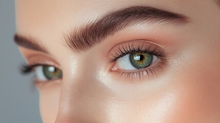 Fototapeta premium A close-up image showcasing the beautiful green eyes of a woman with natural makeup. Ideal for beauty, skincare, or eye care concepts, this high-quality photo emphasizes elegance and allure.