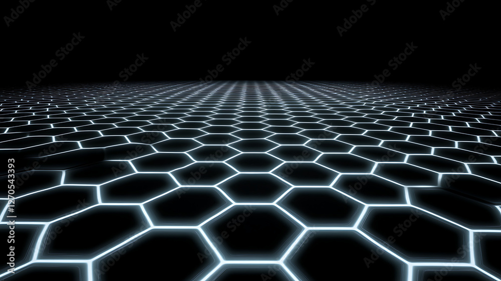 Poster abstract hexagonal grid pattern with glowing edges in perspective on a black background