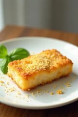 A golden-brown baked treat, delicately sprinkled with toasted crumbs, rests on a pristine plate adorned with fresh herbs. This delectable dessert offers a delightful contrast of textures and flavors.