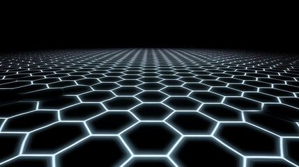 Fototapeta premium Abstract Hexagonal Grid Pattern with Glowing Edges in Perspective on a Black Background