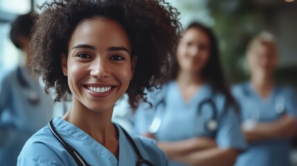 Fototapeta premium Celebrating International nurses day with smiling healthcare professionals in uniform. Horizontal banner. Copy space. World Health Day. National Doctor's Day