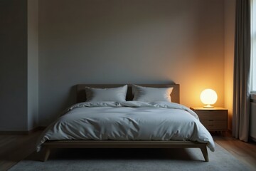 Serene Bedroom Sanctuary A minimalist bed with crisp white linens, bathed in the warm glow of a bedside lamp, creating a tranquil and inviting atmosphere for restful sleep.