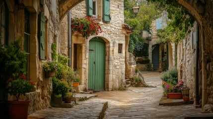 Vintage green wooden door set in a stone archway, showcasing historic architecture and rustic charm. Captures the timeless appeal of traditional European design.