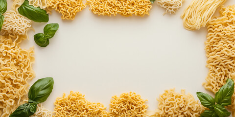 Draufsicht auf einen Rahmen mit Nudeln und mit Platz für Text in der Mitte - Werbeschild  Flyer