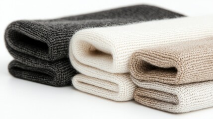Soft cashmere socks, neatly folded, on white. Lifestyle product photography