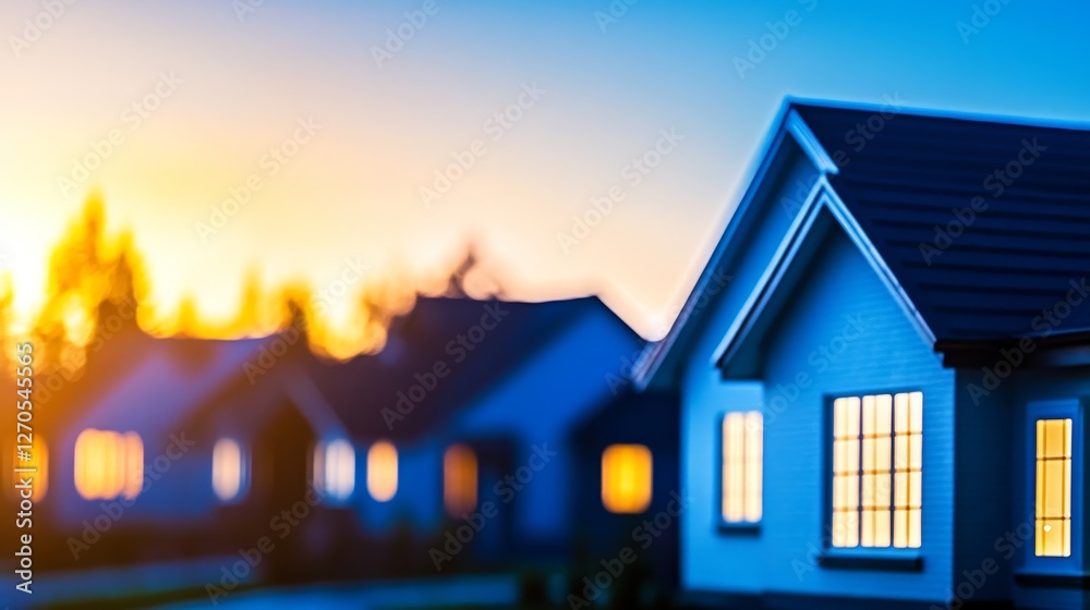 Wall mural cozy suburban homes illuminated at dusk with a vibrant sunset and trees in the background