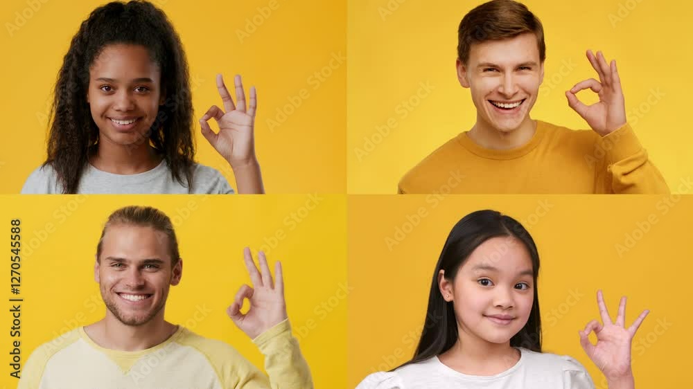 Poster four individuals of different ages and backgrounds display the okay gesture, conveying joy and posit