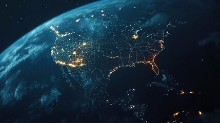 illustration of USA and North America from space at night with city lights showing human activity in United States