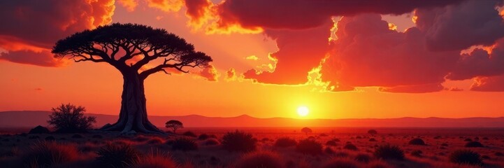 Ancient baobab silhouette at sunset, fiery sky , sun, golden hour