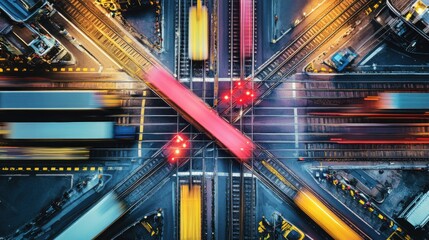 Aerial View of Busy Urban Railroad Junction with Vehicles and Trains in Motion