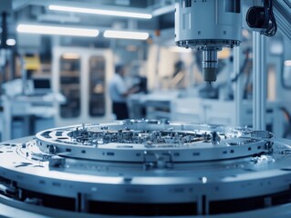 Satellite assembly scene in a futuristic manufacturing hub. Featuring precision instruments and modular satellite designs