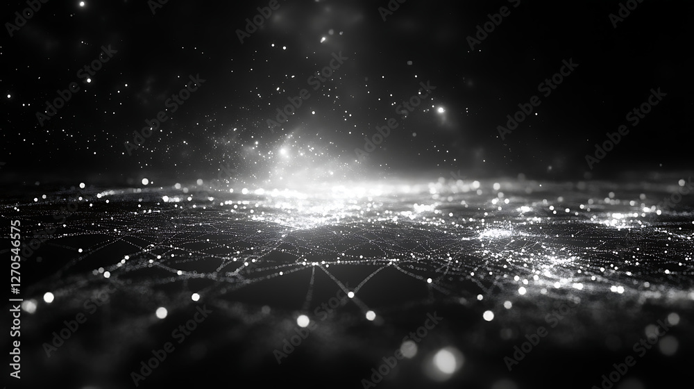 Poster abstract network connection with glowing nodes and data flow in a digital universe black and white