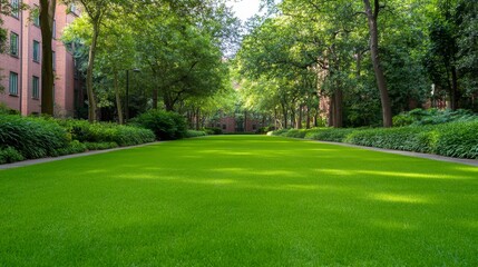 Obraz premium Lush green lawn surrounded by trees in a serene urban park, inviting relaxation and leisure