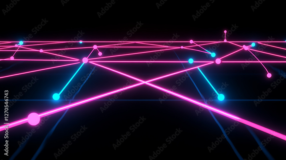 Poster abstract network horizon with glowing nodes and interconnected lines in cyberpunk style design