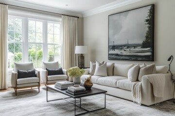 A transitional living room blending traditional warmth with contemporary clean lines. Use a neutral color palette with pops of color, mix classic and modern furniture pieces