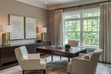 A transitional office blending classic warmth with contemporary clean lines. Opt for a neutral color scheme, streamlined furniture pieces, and refined textiles. Integrate modern lighting fixtures