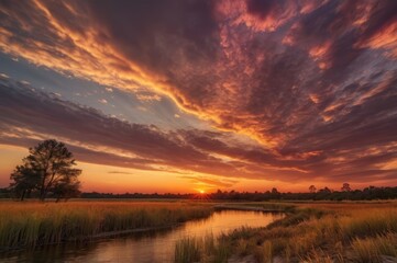 Fototapeta premium A dreamy evening sky glowing with pink and golden colors above nature 