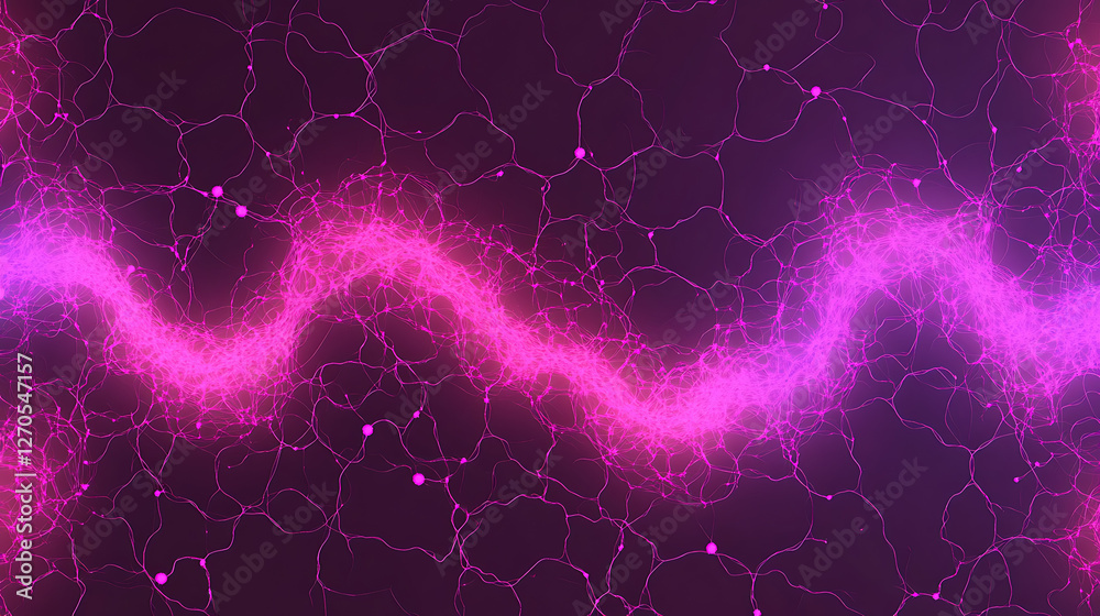 Poster abstract neural network visualization with glowing pink waveforms and nodes connectivity pattern